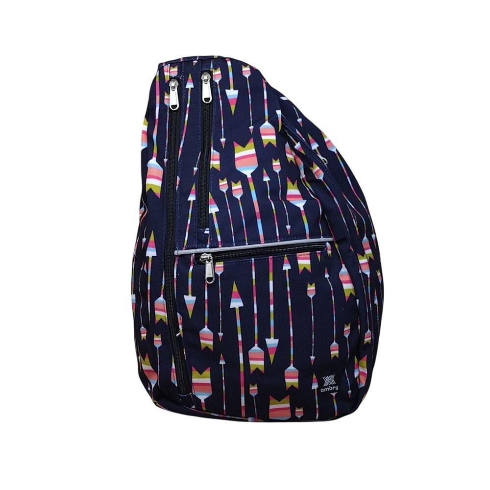 NWOT Ambry Nora Sling Bag Navy Arrow Stripe Crossbody Backpack Athleisure